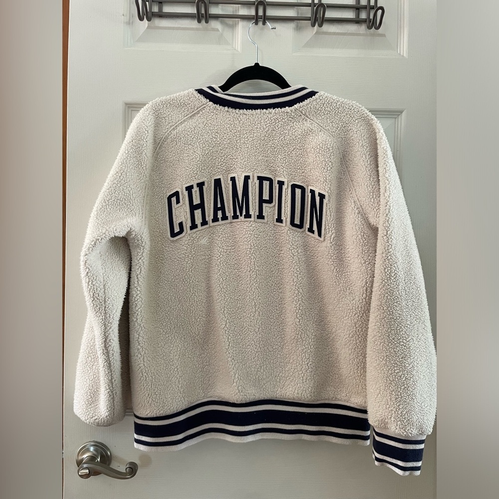 Champion Vintage Sherpa Varsity Jacket with Navy Trim and Logo - Picture 4 of 4